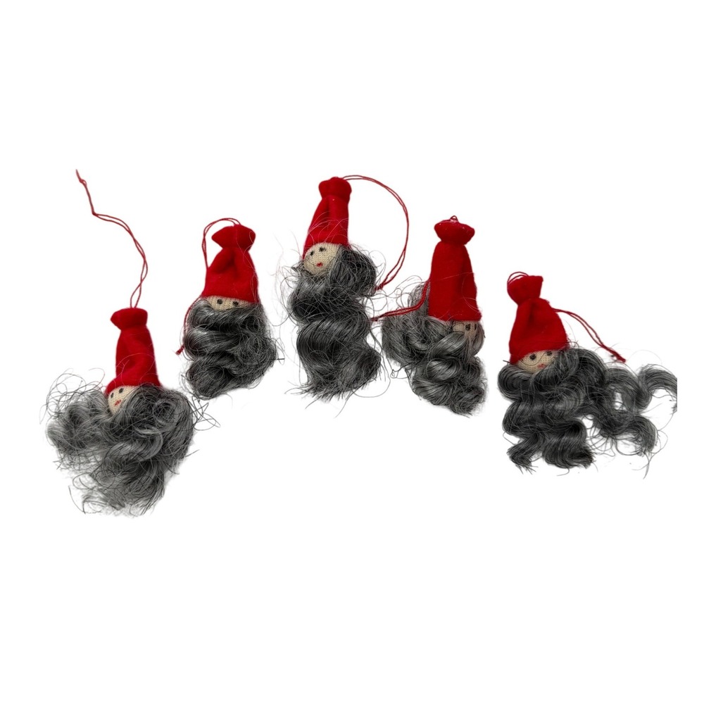 Vintage Handmade Felt Gnome Ornaments Set of 5 Red Hat Grey Beard Tomte Nisse 2"